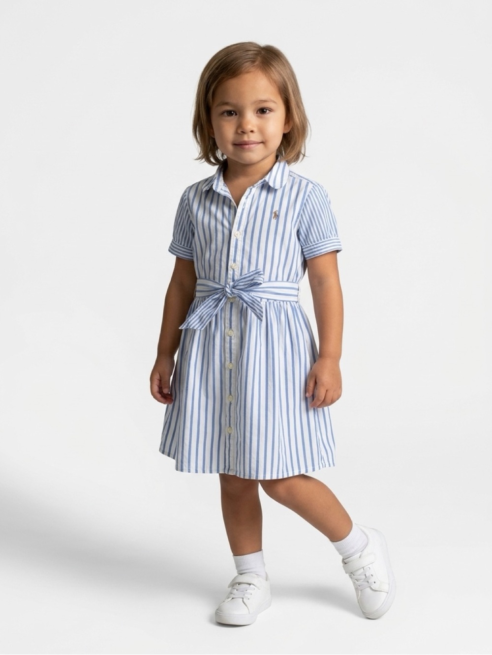 Girls' Polo Ralph Lauren Blue Stripe Dress with Waist Tie and button down